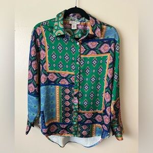 Rachel Zoe Long Sleeved Button Down Paisley Patchwork Tunic Top Size Medium